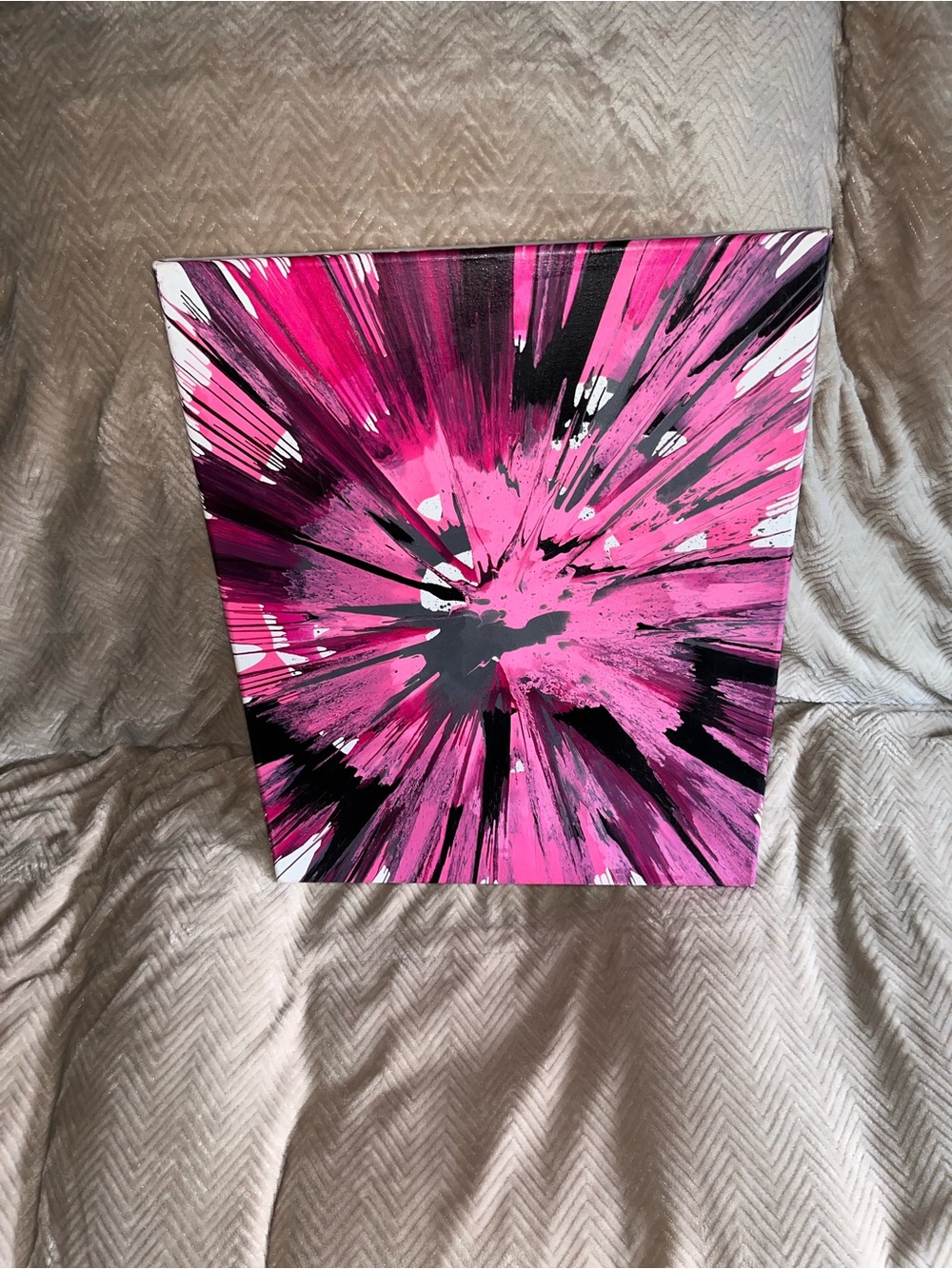 Abstract Burst Canvas Art in Pink and Black - DIY Homemade Spin Art